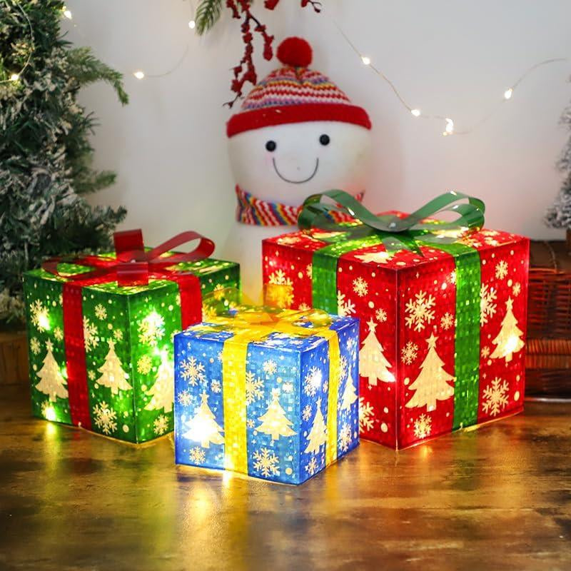 Set of 3 Lighted Boxes Christmas Decorations, 60 LED Lighted Snowflake Christmas Tree Present Boxes Plug in Light up Present Boxes Ornament for Outdoor Indoor Christmas Tree,Yard, Decor
