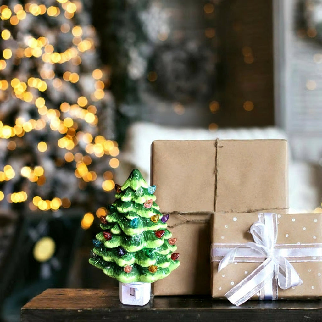 Ceramic Christmas Tree Night Light, Vintage Green Christmas Tree Wall Plug in Night Light, Hand Painted Eramic Nightlight