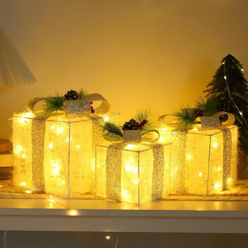 Set of 3 Lighted Boxes Christmas Decorations, 60 LED Lighted Snowflake Christmas Tree Present Boxes Plug in Light up Present Boxes Ornament for Outdoor Indoor Christmas Tree,Yard, Decor