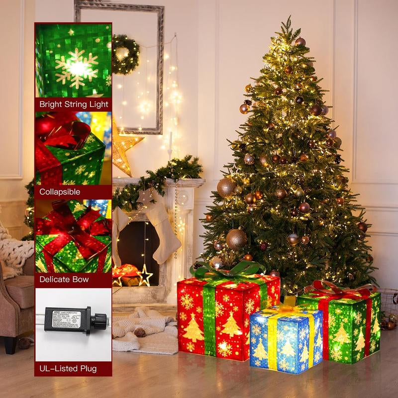 Set of 3 Lighted Boxes Christmas Decorations, 60 LED Lighted Snowflake Christmas Tree Present Boxes Plug in Light up Present Boxes Ornament for Outdoor Indoor Christmas Tree,Yard, Decor