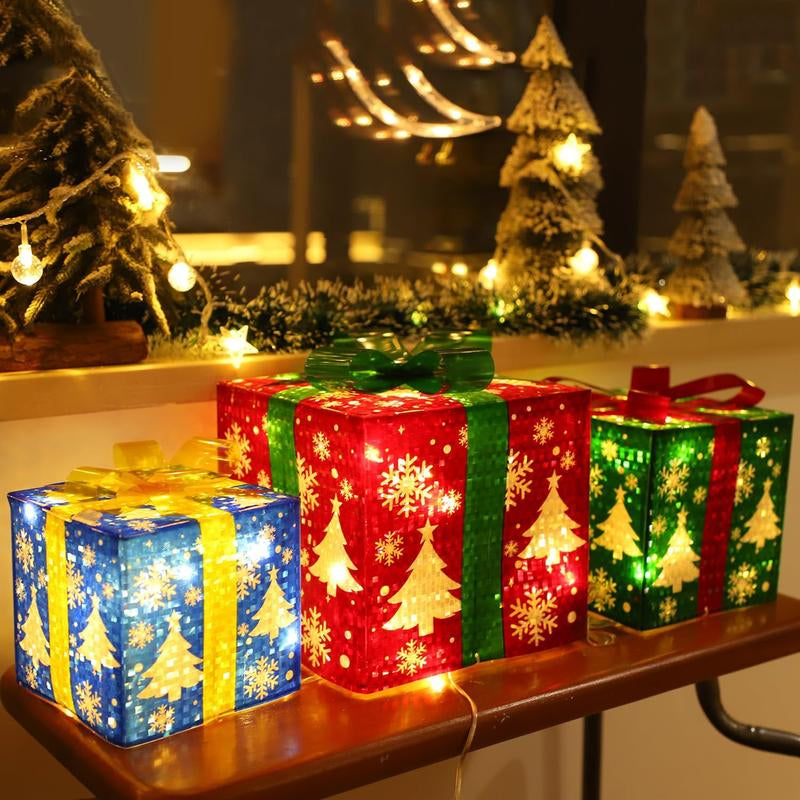 Set of 3 Lighted Boxes Christmas Decorations, 60 LED Lighted Snowflake Christmas Tree Present Boxes Plug in Light up Present Boxes Ornament for Outdoor Indoor Christmas Tree,Yard, Decor