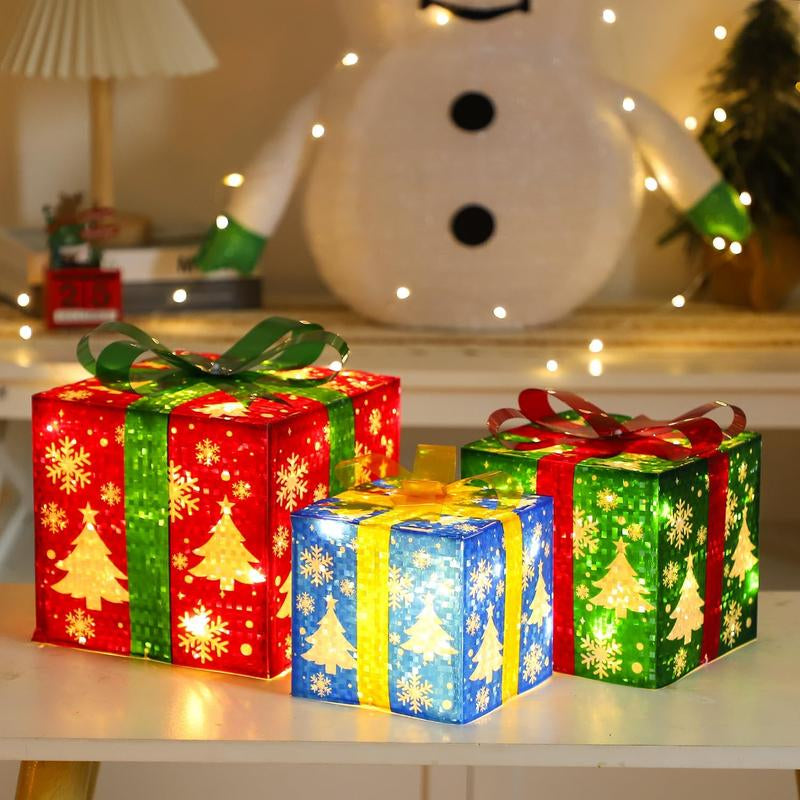 Set of 3 Lighted Boxes Christmas Decorations, 60 LED Lighted Snowflake Christmas Tree Present Boxes Plug in Light up Present Boxes Ornament for Outdoor Indoor Christmas Tree,Yard, Decor