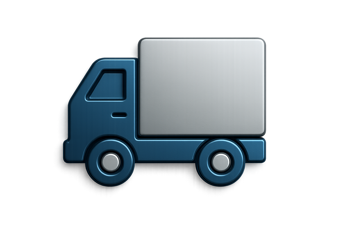 Haz un incono de un camion de entrega que sea minimalista, profesiona, en 3D. Usa colores brillantes en una combinacion de azules acero y grises