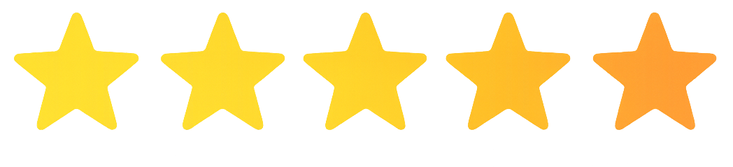 Un incono de 5 estrellas.
Colores brillantes: Mezcla de amarillos y naranjas
Estilo: Minimalista y profesional. 
Propósito: Para implementar en un banner
Acompañamiento: Las estrellas deben estar centralizadas y abajo debe estar la siguiente frase: 4.8 out of 5 stars | +500 reviews